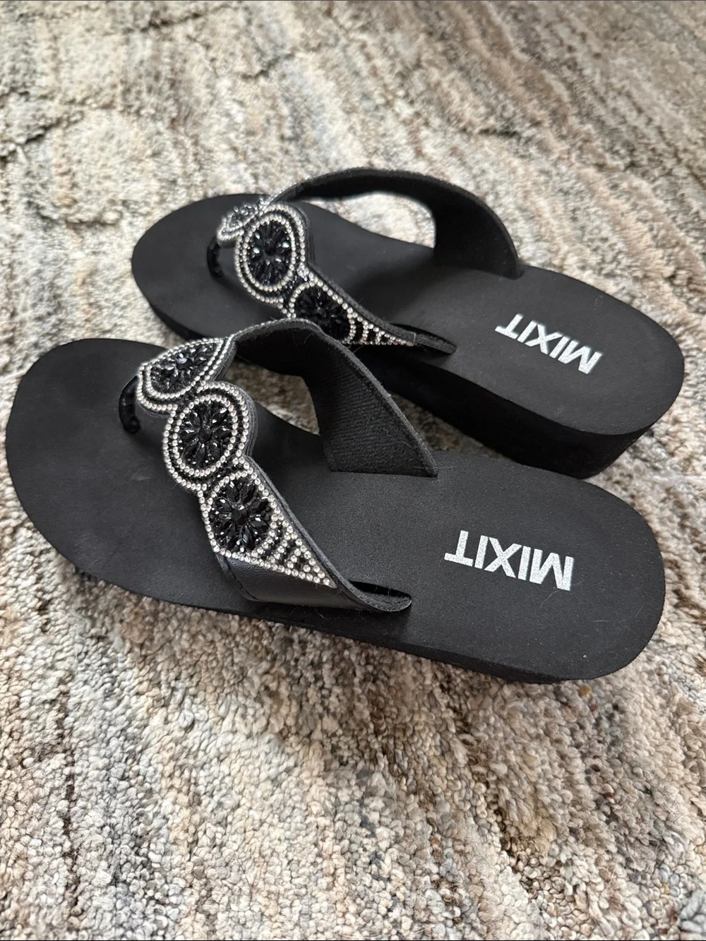 Mixit Black Beaded Wedge Thong Sandals with Silver Accents